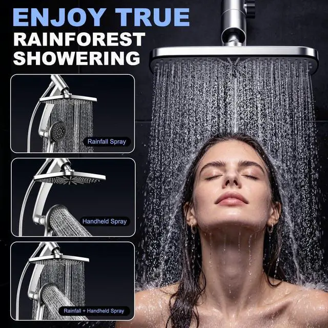 Alt view image 4 of 7 - 12 Inch High Pressure Rainfall Shower Head Combo,9 Settings Handheld Shower | Height/Angle Adjustable, 3 Spray Modes, Anti-leak, Built-in Magnetic Docking,Washing Jets,Holder, 59" Shower Hose, 1.75GPM