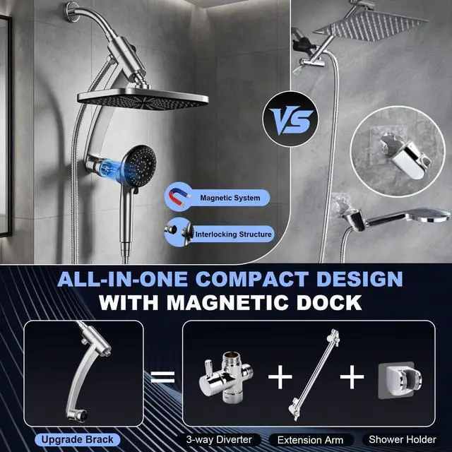 Alt view image 5 of 7 - 12 Inch High Pressure Rainfall Shower Head Combo,9 Settings Handheld Shower | Height/Angle Adjustable, 3 Spray Modes, Anti-leak, Built-in Magnetic Docking,Washing Jets,Holder, 59" Shower Hose, 1.75GPM