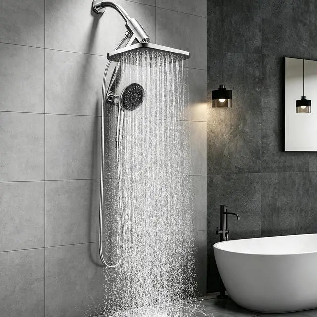 Alt view image 6 of 7 - 12 Inch High Pressure Rainfall Shower Head Combo,9 Settings Handheld Shower | Height/Angle Adjustable, 3 Spray Modes, Anti-leak, Built-in Magnetic Docking,Washing Jets,Holder, 59" Shower Hose, 1.75GPM