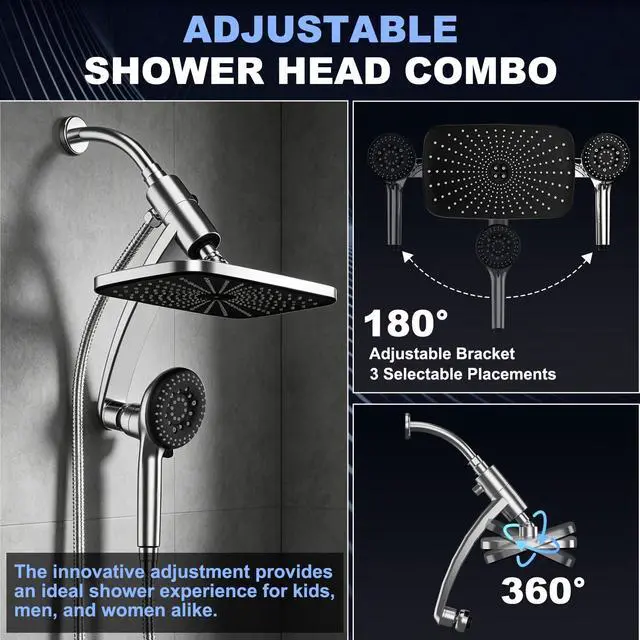 Alt view image 7 of 7 - 12 Inch High Pressure Rainfall Shower Head Combo,9 Settings Handheld Shower | Height/Angle Adjustable, 3 Spray Modes, Anti-leak, Built-in Magnetic Docking,Washing Jets,Holder, 59" Shower Hose, 1.75GPM