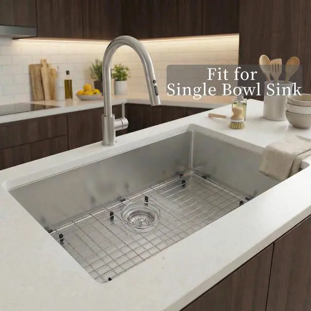 Alt view image 2 of 6 - Kitchen Sinks Grid, Sink Protectors for Kitchen Sinks 28 3/8" x 15 3/8" with Rear Drain Hole for Single Sink Bowl, Stainless Steel Sinks Grate, Sink Protector, Sinks Bottom Grid