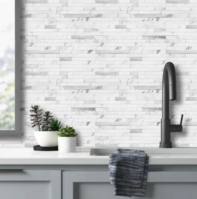 Alt view image 5 of 5 - 20 Sheets Faux Stone Peel and Stick Backsplash, White Marble Look PVC Wall Tiles Stick on Backsplash for Kitchen