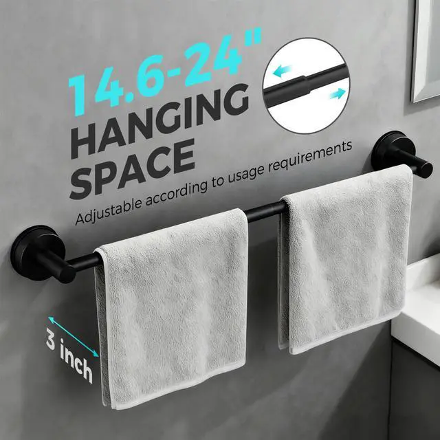 Alt view image 2 of 5 - Adjustable Suction Cup Towel Bar for Bathroom Wall,14.6Inch~24 Inch Towel Racks for Bathroom,Stainless Steel Bath Towel Holder for Shower(Matte Black)