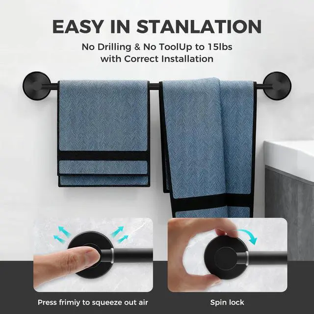 Alt view image 3 of 5 - Adjustable Suction Cup Towel Bar for Bathroom Wall,14.6Inch~24 Inch Towel Racks for Bathroom,Stainless Steel Bath Towel Holder for Shower(Matte Black)