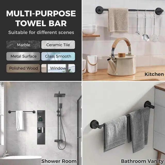 Alt view image 5 of 5 - Adjustable Suction Cup Towel Bar for Bathroom Wall,14.6Inch~24 Inch Towel Racks for Bathroom,Stainless Steel Bath Towel Holder for Shower(Matte Black)