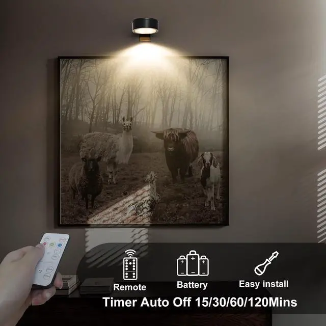 Alt view image 4 of 6 - Battery Operated Picture Lights Magnetic Paining Light with Remote | 3Pcs LED Wireless Wall Light with 3 Lighting Dimmable Timer Art Display Light for Poster Artwork Home Wall Decor Puck Lights