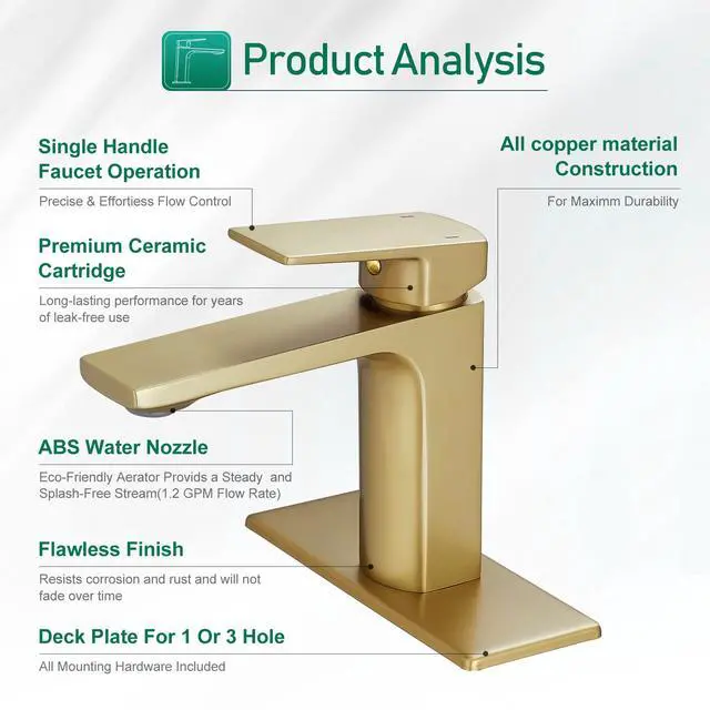 Alt view image 6 of 7 - Brushed Gold Bathroom Sink Faucet Single Handle Bathroom Faucets for Sink 1 Hole Rv Lavatory Vanity Faucet with Deck Plate & Supply Hoses