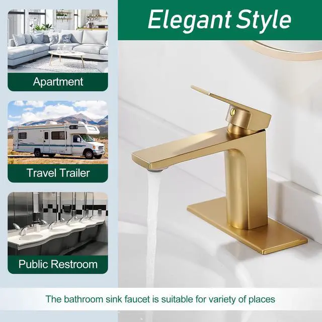 Alt view image 4 of 7 - Brushed Gold Bathroom Sink Faucet Single Handle Bathroom Faucets for Sink 1 Hole Rv Lavatory Vanity Faucet with Deck Plate & Supply Hoses