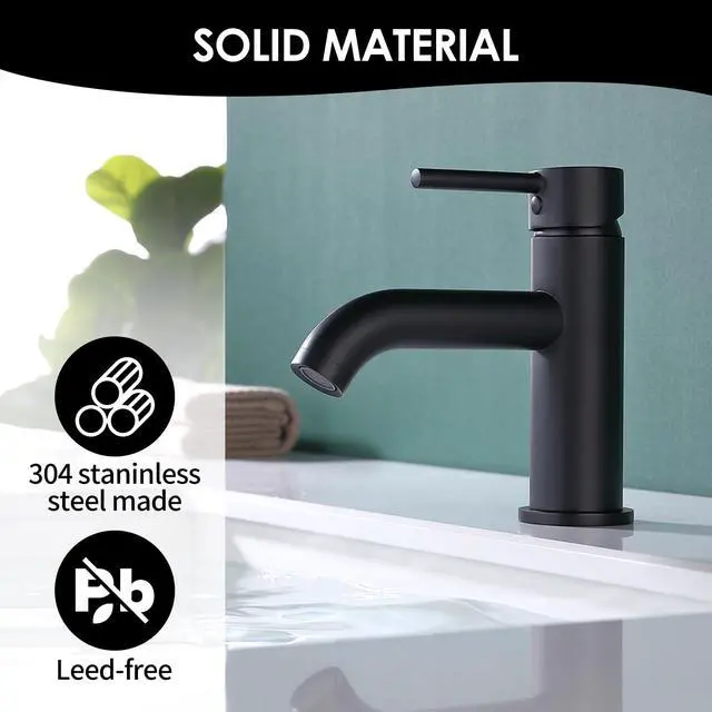 Alt view image 2 of 6 - Single Handle Black Bathroom Faucet with Metal Drain Assembly and Escutcheon, Matte Black (Matte Black-JO1)