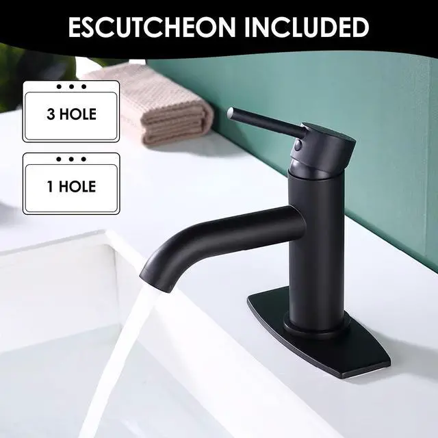 Alt view image 4 of 6 - Single Handle Black Bathroom Faucet with Metal Drain Assembly and Escutcheon, Matte Black (Matte Black-JO1)