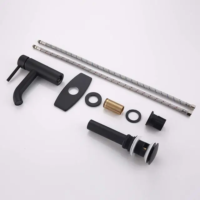 Alt view image 6 of 6 - Single Handle Black Bathroom Faucet with Metal Drain Assembly and Escutcheon, Matte Black (Matte Black-JO1)