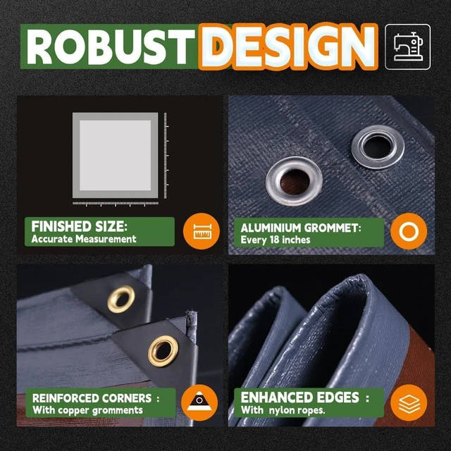 Alt view image 5 of 7 - 8x8 Feet 18Mil Super Heavy Duty Tarp Waterproof Tarps Gray/Brown | Metal Grommets Every 18",Sturdy Corners,Reinforced Edges,16x16 Strong Weave,Rip&UV Resistant, for Outdoor,Camping,Roof,Tent