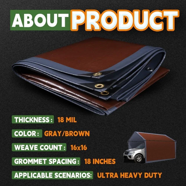 Alt view image 7 of 7 - 8x8 Feet 18Mil Super Heavy Duty Tarp Waterproof Tarps Gray/Brown | Metal Grommets Every 18",Sturdy Corners,Reinforced Edges,16x16 Strong Weave,Rip&UV Resistant, for Outdoor,Camping,Roof,Tent