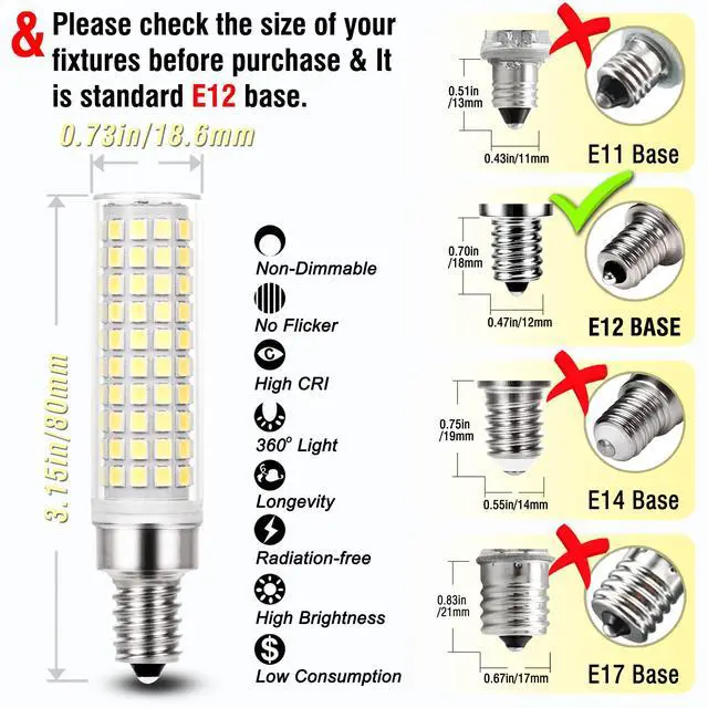 Alt view image 6 of 7 - E12 C7 10W 6000K LED Candelabra Bulbs 100w Equivalent, 5Pack | E12 T6 Led Candle Light Bulbs for Ceiling Fan Pendant Chandelier Lighting Salt Lamp,1200lm Daylight White, Non-dimmable