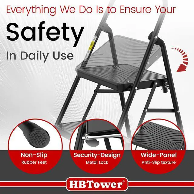 Alt view image 5 of 7 - 2 Step Ladder, Step Stool with Wide Anti-Slip Pedal | Folding Step Stool with Convenient Handle for Home and Kitchen, Black