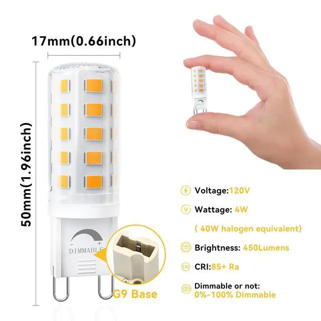 Alt view image 3 of 7 - 12 Pack Dimmable G9 LED Bulb 3000K, 40 Watt Eq 4W, Soft Warm White | T4 G 9 Bi-pin Base Halogen Replacement, 120V No Flicker, 450LM for Chandelier Wall Sconce