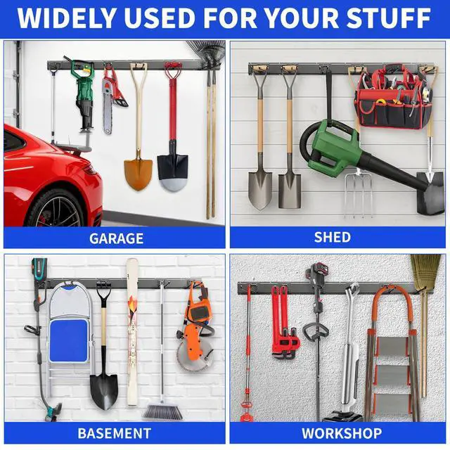 Alt view image 4 of 6 - Garage Tool Organizer Wall Mount, 48 Inch Heavy Duty Garden Tool Organizer Storage System, Easy Install with 6 Adjustable Straight Hooks, for Garage, Basement, Shed, Workshop, Black, Steel