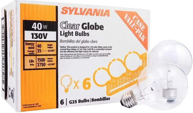 Main image of Sylvania Incandescent G25 E26 Globe 40 Watt Vanity Light Bulbs, 6 Pack | Medium Base Globe Bulbs for Bathroom, Dimmable Type G Round Vanity Bulbs 40W, 130V Clear Warm White