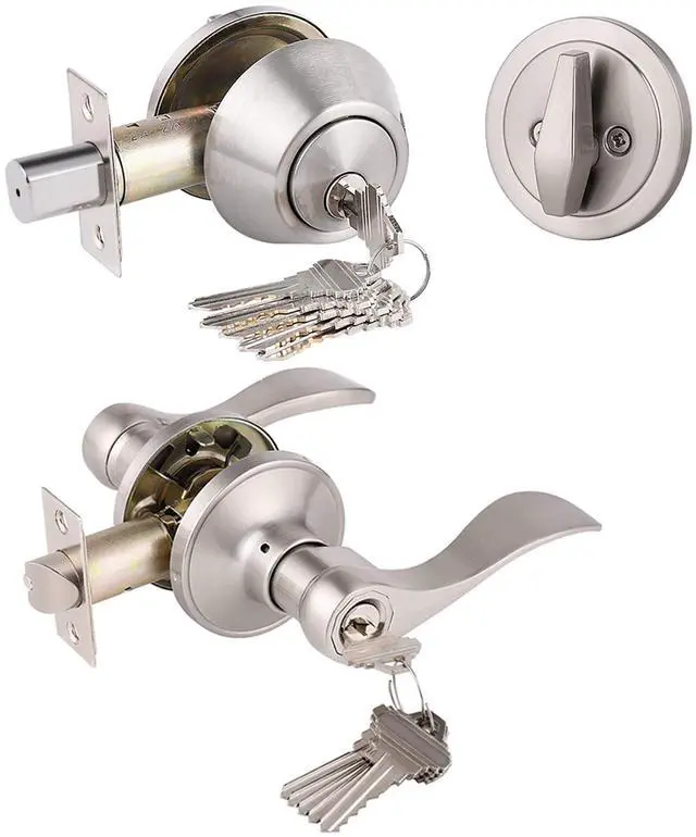 Main image of Keyed Alike Front Door Exterior Door Lever Lockset with Single Cylinder Deadbolt Combination Set, Door Knob with Lock and Deadbolt, Satin Nickel Finished, 1Pack