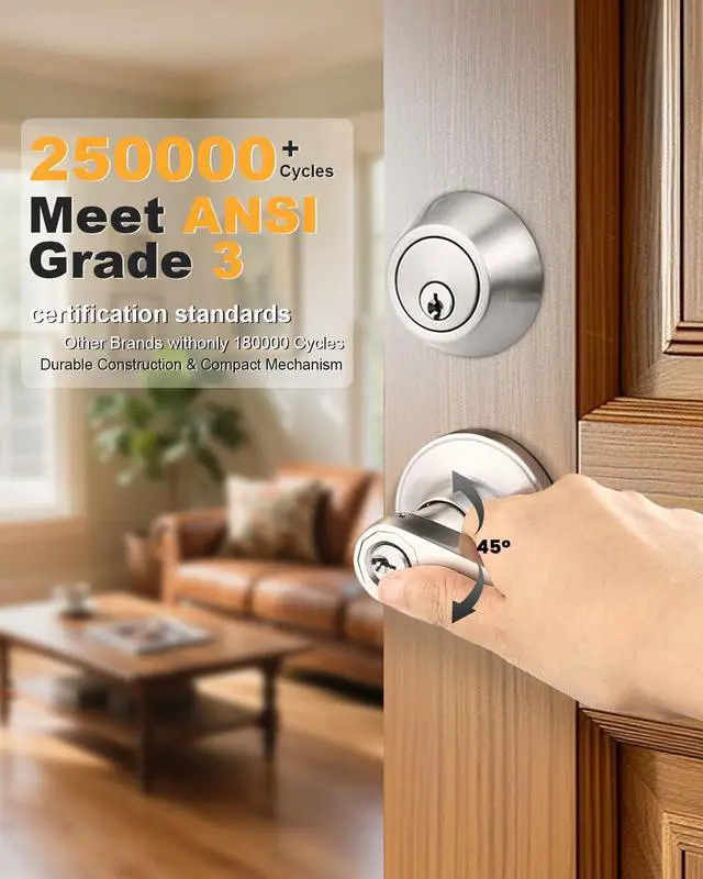 Alt view image 2 of 7 - Keyed Alike Front Door Exterior Door Lever Lockset with Single Cylinder Deadbolt Combination Set, Door Knob with Lock and Deadbolt, Satin Nickel Finished, 1Pack