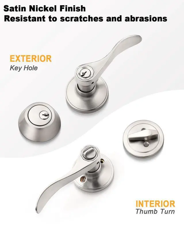 Alt view image 3 of 7 - Keyed Alike Front Door Exterior Door Lever Lockset with Single Cylinder Deadbolt Combination Set, Door Knob with Lock and Deadbolt, Satin Nickel Finished, 1Pack
