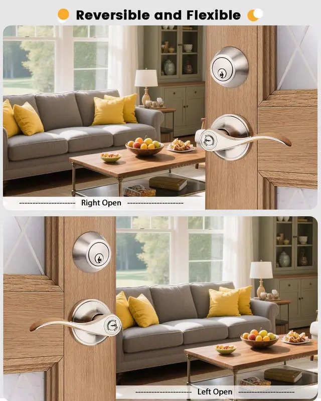 Alt view image 6 of 7 - Keyed Alike Front Door Exterior Door Lever Lockset with Single Cylinder Deadbolt Combination Set, Door Knob with Lock and Deadbolt, Satin Nickel Finished, 1Pack