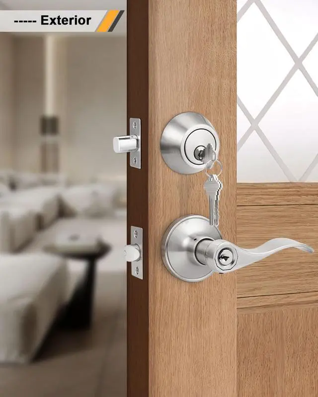 Alt view image 4 of 7 - Keyed Alike Front Door Exterior Door Lever Lockset with Single Cylinder Deadbolt Combination Set, Door Knob with Lock and Deadbolt, Satin Nickel Finished, 1Pack