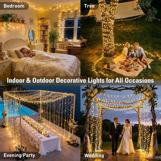 Alt view image 5 of 7 - 168Ft 600 LED String Lights for Outside, Christmas Lights Outdoor | Indoor Classroom Lights Plug in for Tree Bedroom Patio Wedding Party Holiday Christmas Pergola Decor, Remote, Clear Wire
