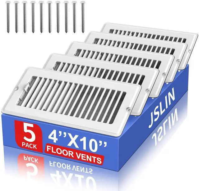 Main image of 4x10 Floor Register, 5-Pack Vent Covers for Home Floor, Wall or Ceiling | Heavy Duty Steel Walkable Floor Vents, Quiet Adjustable Airflow HVAC Register Grilles, 10-Pack Mounting Screws Include, White