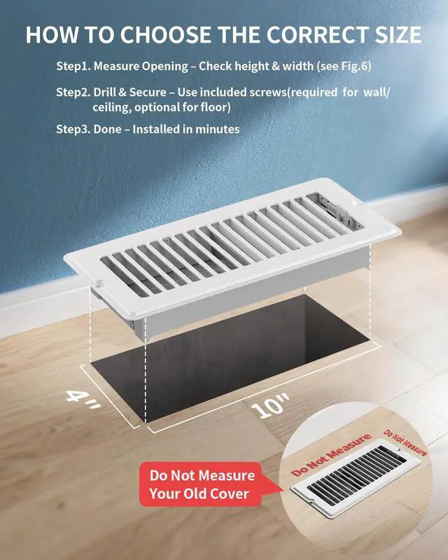 Alt view image 2 of 7 - 4x10 Floor Register, 5-Pack Vent Covers for Home Floor, Wall or Ceiling | Heavy Duty Steel Walkable Floor Vents, Quiet Adjustable Airflow HVAC Register Grilles, 10-Pack Mounting Screws Include, White