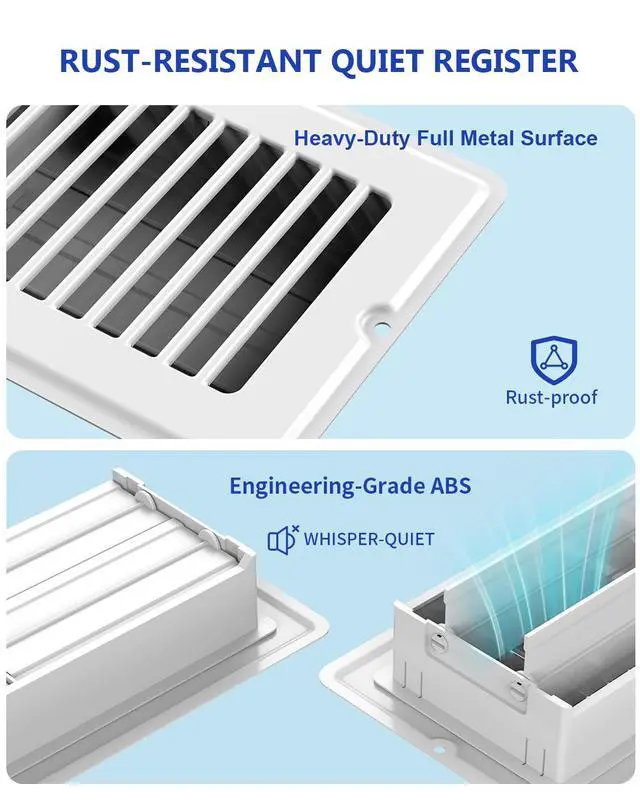 Alt view image 3 of 7 - 4x10 Floor Register, 5-Pack Vent Covers for Home Floor, Wall or Ceiling | Heavy Duty Steel Walkable Floor Vents, Quiet Adjustable Airflow HVAC Register Grilles, 10-Pack Mounting Screws Include, White