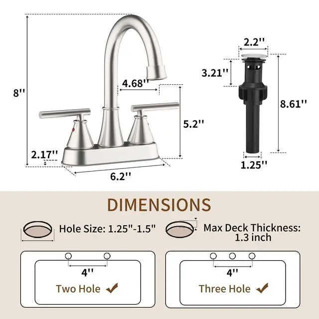 Alt view image 2 of 7 - Bathroom Sink Faucet 4 Inch 2 Handle Centerset Brushed Nickel Lead-Free Modern Bathroom Faucet Vanity Faucet with Pop-up Drain Stopper and Supply Hoses