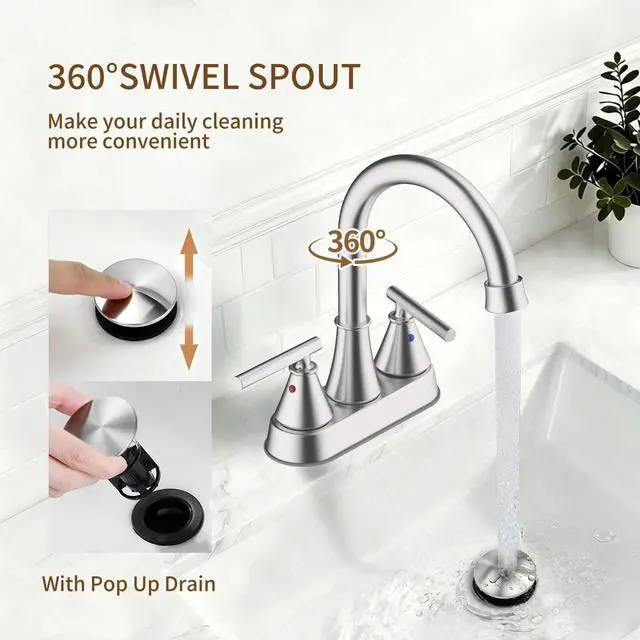 Alt view image 4 of 7 - Bathroom Sink Faucet 4 Inch 2 Handle Centerset Brushed Nickel Lead-Free Modern Bathroom Faucet Vanity Faucet with Pop-up Drain Stopper and Supply Hoses
