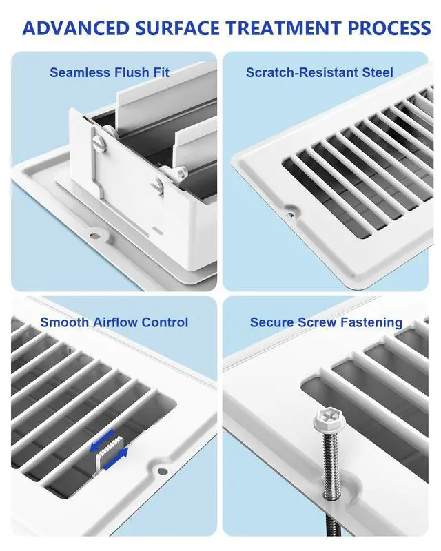 Alt view image 5 of 7 - 4x10 Floor Register, 5-Pack Vent Covers for Home Floor, Wall or Ceiling | Heavy Duty Steel Walkable Floor Vents, Quiet Adjustable Airflow HVAC Register Grilles, 10-Pack Mounting Screws Include, White