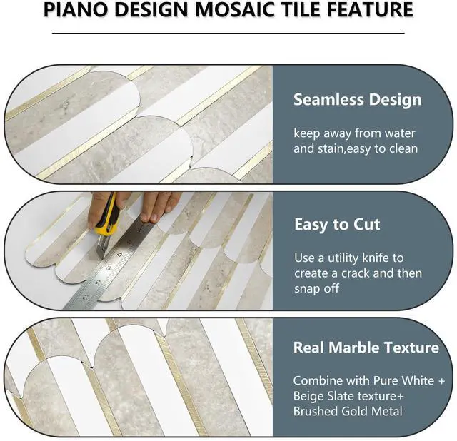 Alt view image 2 of 7 - Vamos Peel and Stick Backsplash Seamless Tile for Kitchen and Bathroom,White and Beige Slate PVC Mixed Light Gold Self Adhesive Fish Scale Metal Mosaic Tiles (10 Sheets)