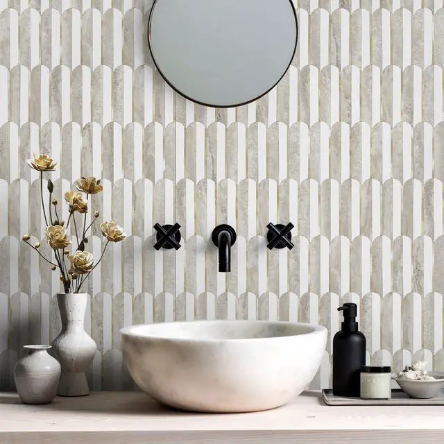 Alt view image 5 of 7 - Vamos Peel and Stick Backsplash Seamless Tile for Kitchen and Bathroom,White and Beige Slate PVC Mixed Light Gold Self Adhesive Fish Scale Metal Mosaic Tiles (10 Sheets)