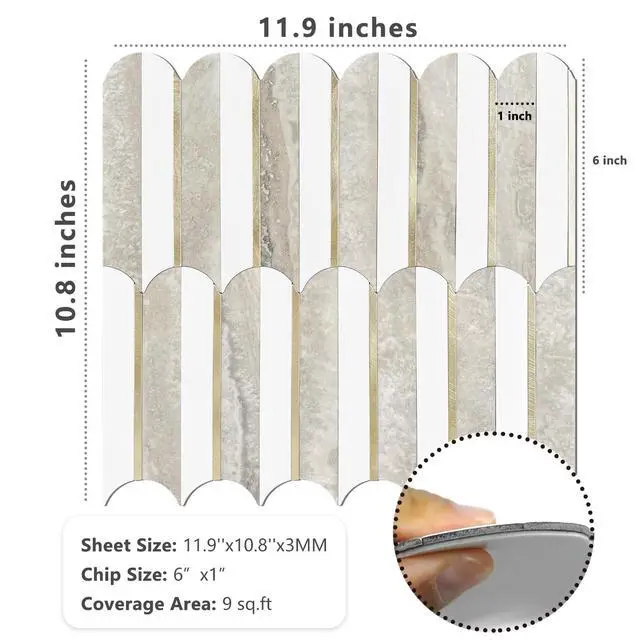 Alt view image 6 of 7 - Vamos Peel and Stick Backsplash Seamless Tile for Kitchen and Bathroom,White and Beige Slate PVC Mixed Light Gold Self Adhesive Fish Scale Metal Mosaic Tiles (10 Sheets)