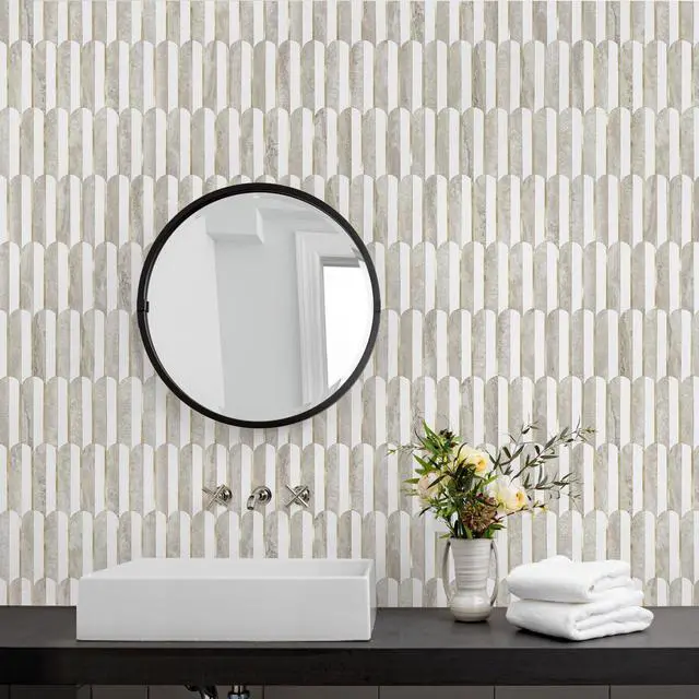 Alt view image 7 of 7 - Vamos Peel and Stick Backsplash Seamless Tile for Kitchen and Bathroom,White and Beige Slate PVC Mixed Light Gold Self Adhesive Fish Scale Metal Mosaic Tiles (10 Sheets)