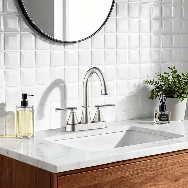 Alt view image 6 of 7 - Bathroom Sink Faucet 4 Inch 2 Handle Centerset Brushed Nickel Lead-Free Modern Bathroom Faucet Vanity Faucet with Pop-up Drain Stopper and Supply Hoses