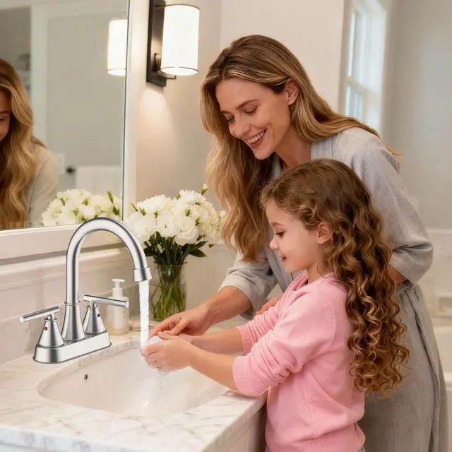 Alt view image 7 of 7 - Bathroom Sink Faucet 4 Inch 2 Handle Centerset Brushed Nickel Lead-Free Modern Bathroom Faucet Vanity Faucet with Pop-up Drain Stopper and Supply Hoses