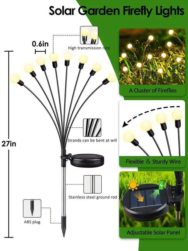 Alt view image 2 of 7 - 8 Pack Solar Garden Lights, 64 LED Firefly Lights Solar Outdoor Waterproof | 2 Lighting Modes, Sway with Wind, Solar lights Outdoor for Garden Yard Patio Pathway Holiday Decorations, Warm White