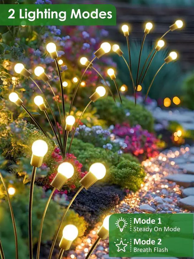 Alt view image 3 of 7 - 8 Pack Solar Garden Lights, 64 LED Firefly Lights Solar Outdoor Waterproof | 2 Lighting Modes, Sway with Wind, Solar lights Outdoor for Garden Yard Patio Pathway Holiday Decorations, Warm White