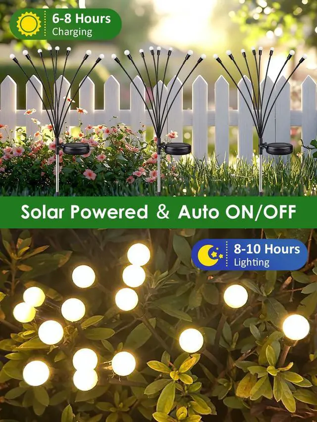 Alt view image 5 of 7 - 8 Pack Solar Garden Lights, 64 LED Firefly Lights Solar Outdoor Waterproof | 2 Lighting Modes, Sway with Wind, Solar lights Outdoor for Garden Yard Patio Pathway Holiday Decorations, Warm White