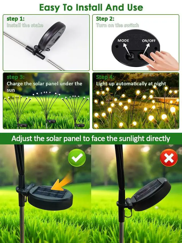 Alt view image 7 of 7 - 8 Pack Solar Garden Lights, 64 LED Firefly Lights Solar Outdoor Waterproof | 2 Lighting Modes, Sway with Wind, Solar lights Outdoor for Garden Yard Patio Pathway Holiday Decorations, Warm White