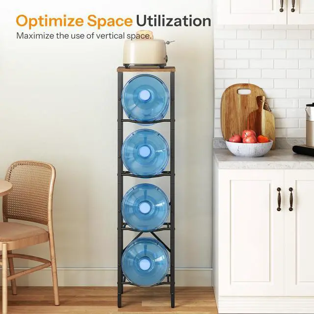 Alt view image 6 of 7 - Water Jug Rack, Water Bottle Holder, 5 Gallon Water Jug Rack, 4-Tier Water Cooler Storage Rack, Water Dispenser Stand, for Kitchen, Living Room, Office, Rustic Brown and Black BF02ST01