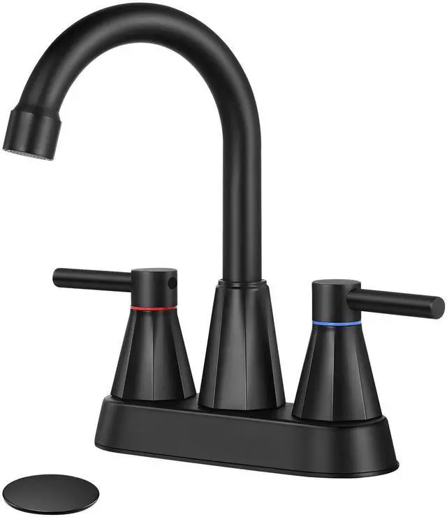 Main image of 4" Bathroom Sink Faucet, 2-Handle Matte Black, Pop-Up Drain Included | 360° swivel spout, ceramic cartridge, 20% water-saving aerator, RV ready