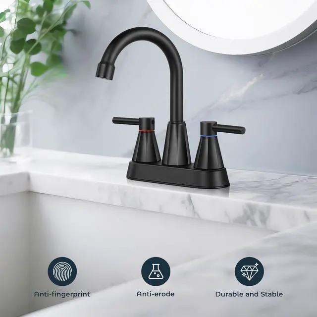 Alt view image 2 of 7 - 4" Bathroom Sink Faucet, 2-Handle Matte Black, Pop-Up Drain Included | 360° swivel spout, ceramic cartridge, 20% water-saving aerator, RV ready