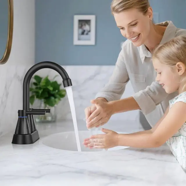Alt view image 3 of 7 - 4" Bathroom Sink Faucet, 2-Handle Matte Black, Pop-Up Drain Included | 360° swivel spout, ceramic cartridge, 20% water-saving aerator, RV ready