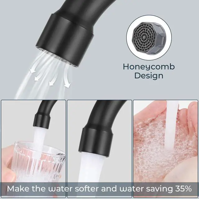Alt view image 4 of 7 - 4" Bathroom Sink Faucet, 2-Handle Matte Black, Pop-Up Drain Included | 360° swivel spout, ceramic cartridge, 20% water-saving aerator, RV ready