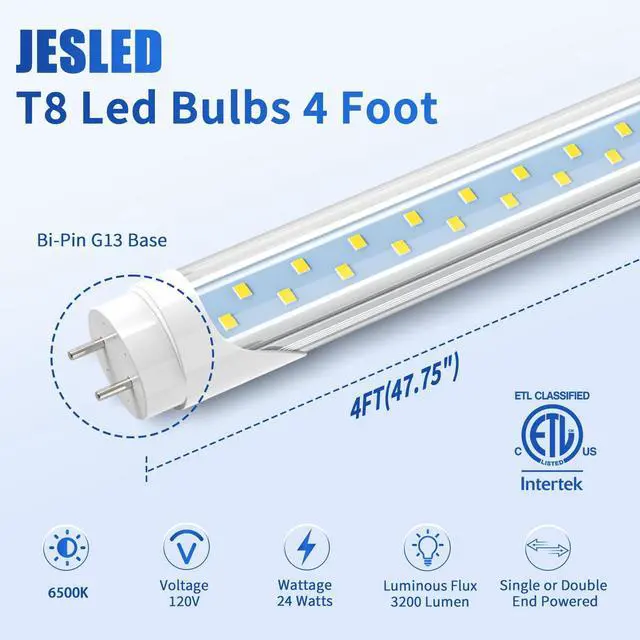 Alt view image 4 of 7 - T8 LED 4FT Type A+B Light Bulbs, 24W(65W Equivalent), 3200LM, 6000K, Plug and Play or Ballast Bypass, 4 Foot LED Fluorescent Light Bulbs, ETL Listed, Single or Double End Powered, 4Pack